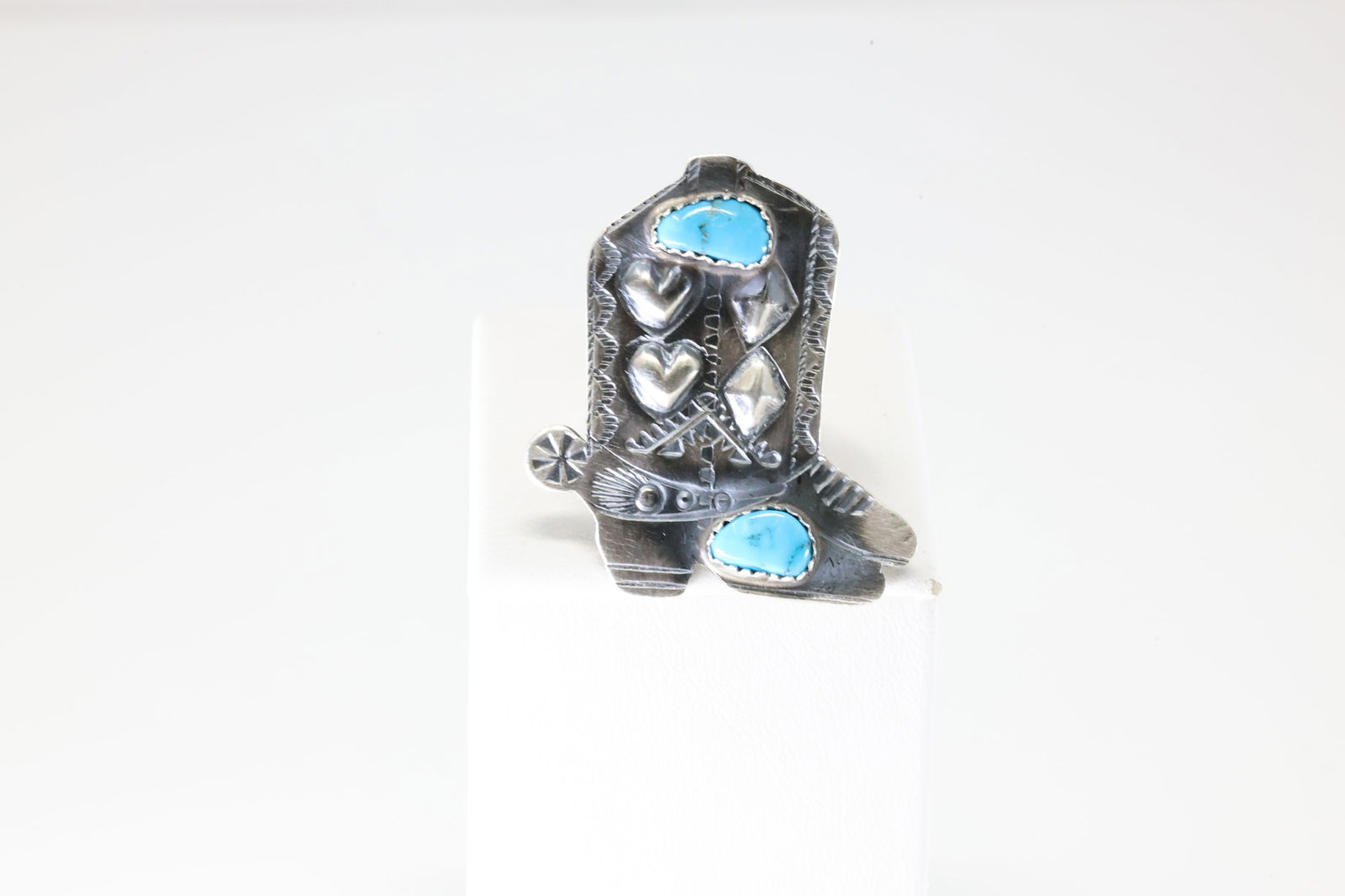 Native America Navajo Sterling Silver Turquoise Cowboy Boot Ring By T.Yazzie. (1 of 4)