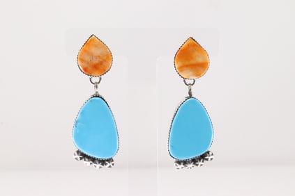 Native America Navajo Sterling Silver Spiny Oyster & Turquoise Post Dangling Earring's By Selina