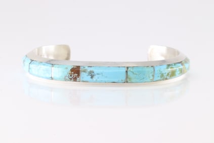 Native America Navajo Sterling Silver Number 8 Turquoise Inlay Bracelet Cuff By Brandon Etcitty.