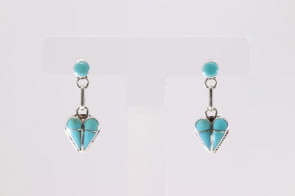 Native America Zuni Sterling Silver Kingman Turquoise Inlay Post Dangling Earring's By Velda