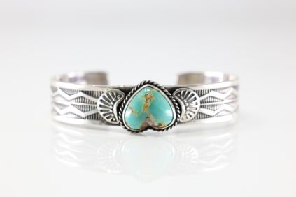 Native America Navajo Sterling Silver Kingman Turquoise Bracelet Cuff By Sunshine Reeves.