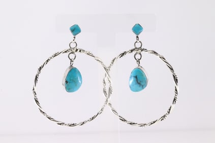 Native America Navajo Sterling Silver Turquoise Post Hoop Earring's By Sheena Jack. From R.B