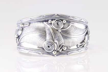 Native America Navajo Sterling Silver Stamped Leaf Bracelet Cuff By Darrell Morgan.