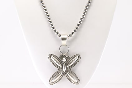 Native America Navajo Sterling Silver Butterfly Pendant By Roland Dixon. With Machin Made Sterling