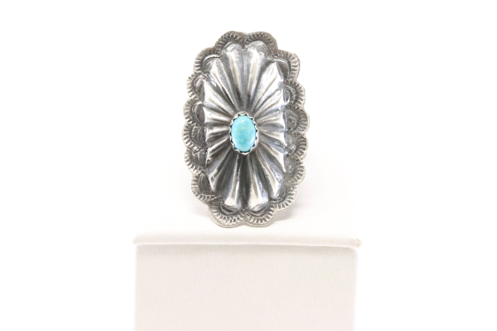 Native America Navajo Sterling Silver Turquoise Conch Ring By Yolanda Christian.: This is a Native America Navajo Sterling Silver Turquoise Conch Ring By Yolanda Christian. Stamp YC. Ring Size: 8.00.
