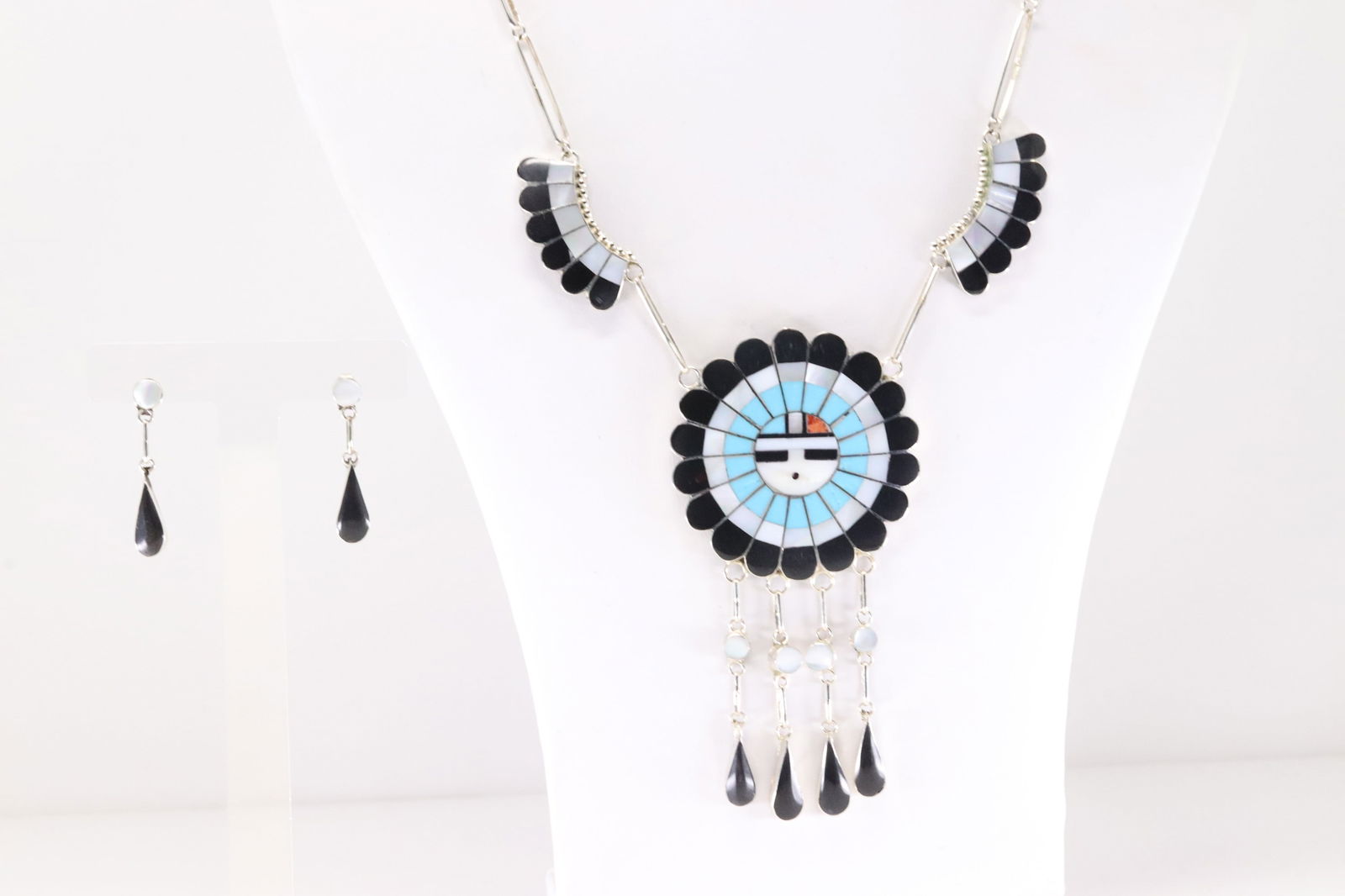 Native America Zuni Sterling Silver Multi-Color Stone Inlay Sunface Necklace & Earring's Set By (1 of 6)