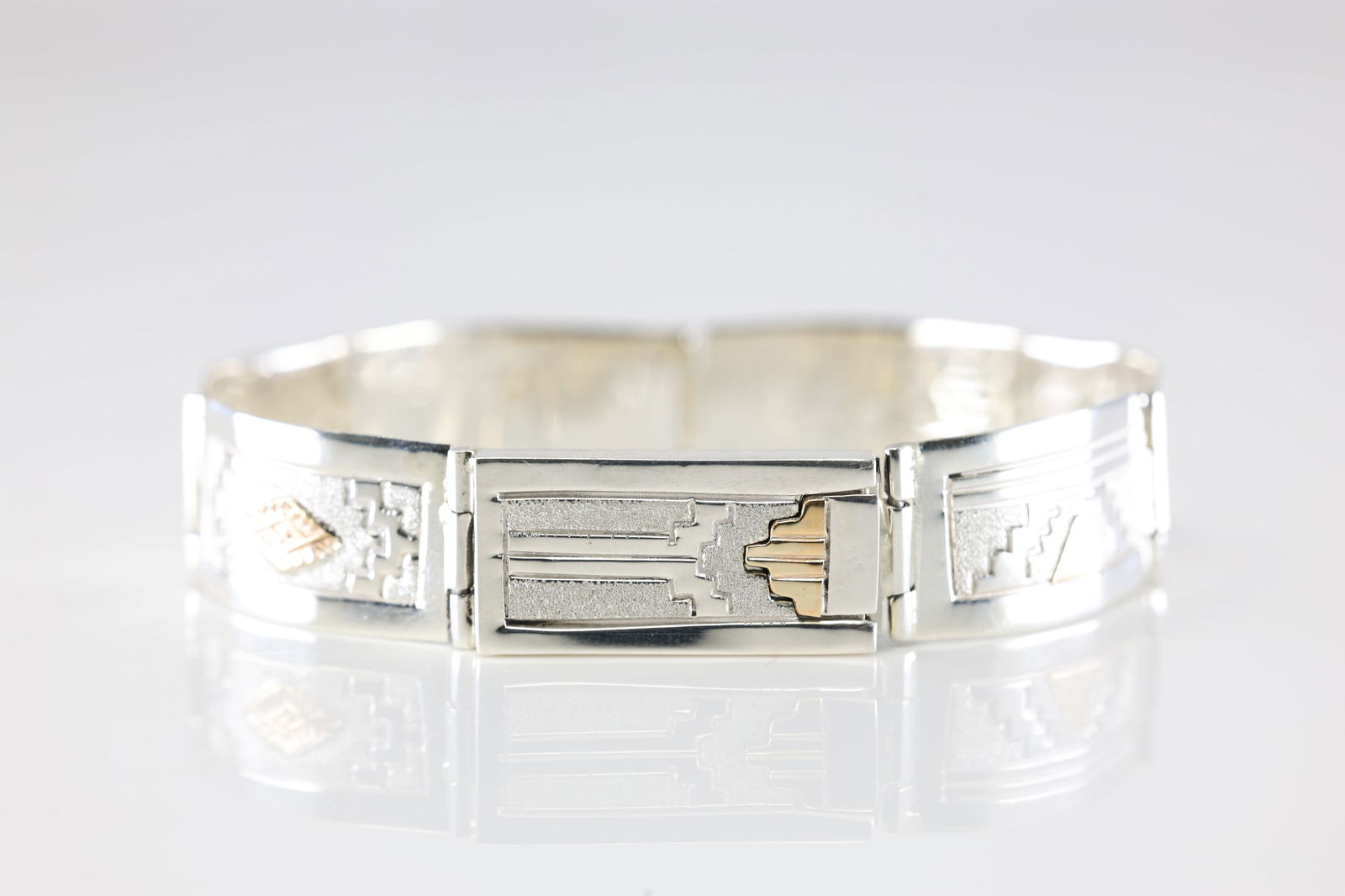 Native America Navajo Sterling Silver Stamp Design Bracelet with 12K G.F.By A.L. (1 of 4)