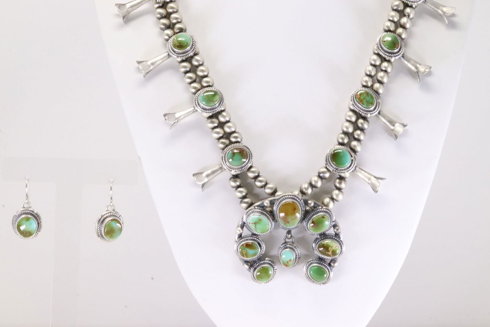Native America Navajo Sterling Silver Turquoise Squash Blossom Necklace & Earring's Set By L.M.Y. (1 of 7)