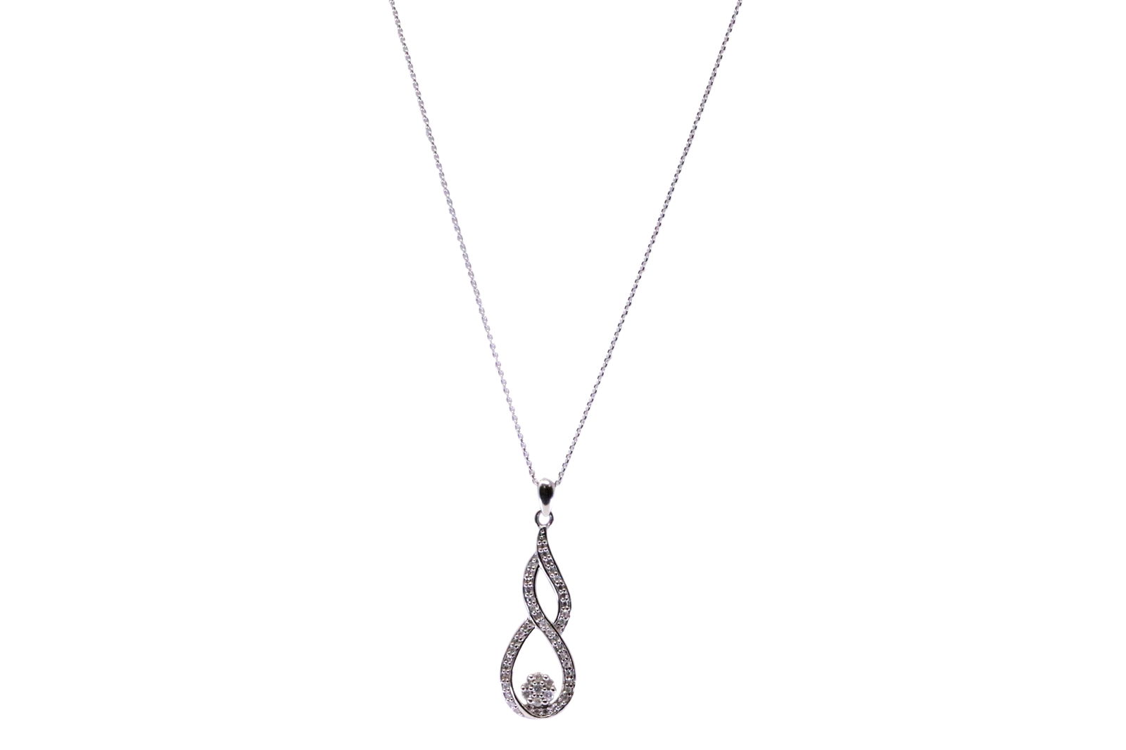 Diamonds Pendant 10Kt.: Ladies 10Kt White Gold Diamond Pendant. Pendant has 49 round Diamonds with a 14k Necklace. Diamonds weight: 0.50cttw. Necklace length: 16.00" Total weight: 3.20 Grams.