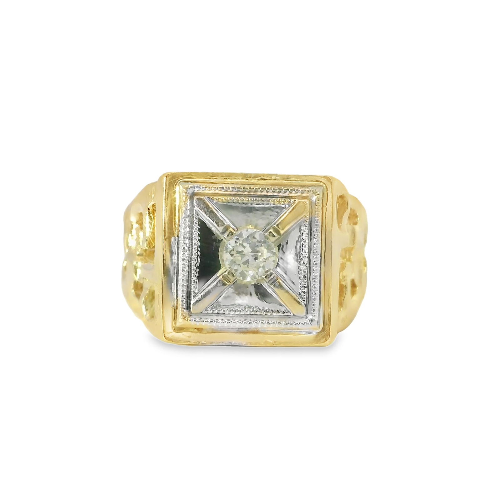 Diamond Ring 14Kt.: 14Kt Yellow Gold Diamond Ring. This exquisite gold ring features a stunning square design, elegantly showcasing a brilliant diamond at its center. The intricate craftsmanship highlights the luxurious