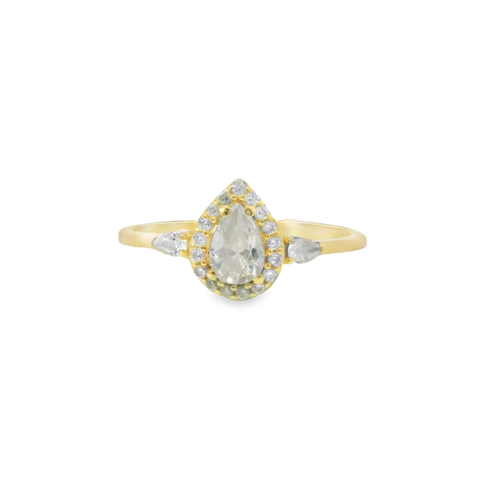 Diamond Ring 14Kt.: Ladies 14Kt Yellow Gold Diamond Ring. This exquisite teardrop diamond ring is a masterpiece of elegance and sophistication. The central pear-shaped diamond is surrounded by a halo of smaller