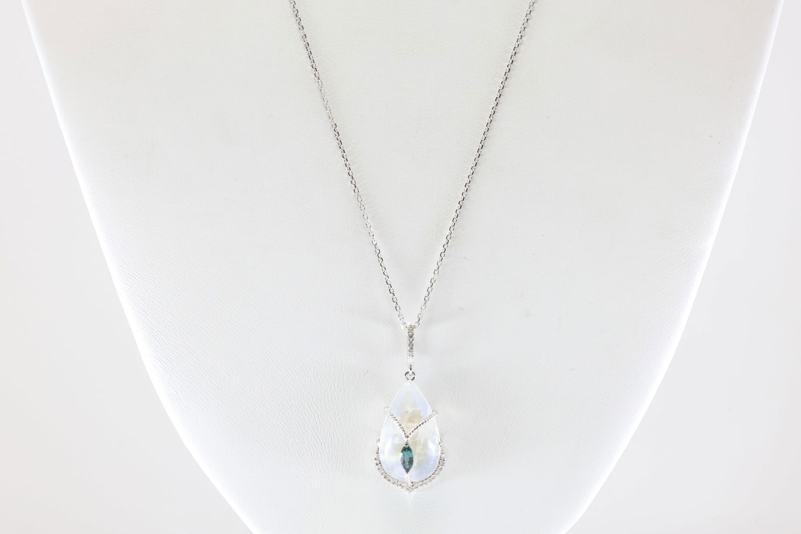 London Blue Topaz / White Stone & Diamond Pendant / Necklace 18Kt.: Ladies 18Kt White Gold London Blue Topaz / White Stone & Diamond Pendant / Necklace. This Elegant pendant has Sparkling Diamonds / London Marquise Topaz & White Stone with A 14K White Necklace.