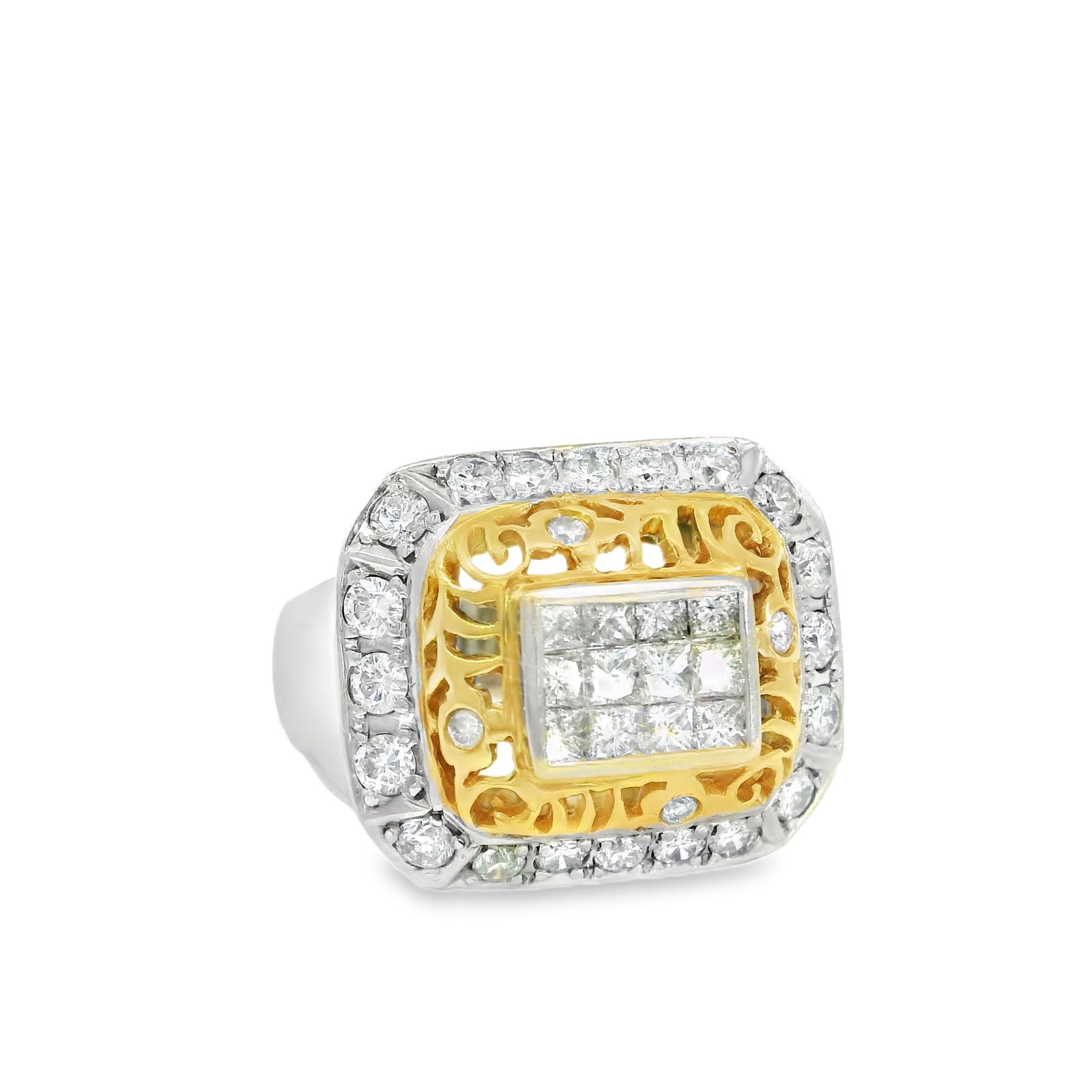 Diamond Ring 18Kt.: 18Kt White Gold Diamond Ring. This exquisite diamond ring features a stunning array of 36 sparkling stones set in a luxurious gold and silver design. The intricate craftsmanship and elegant style