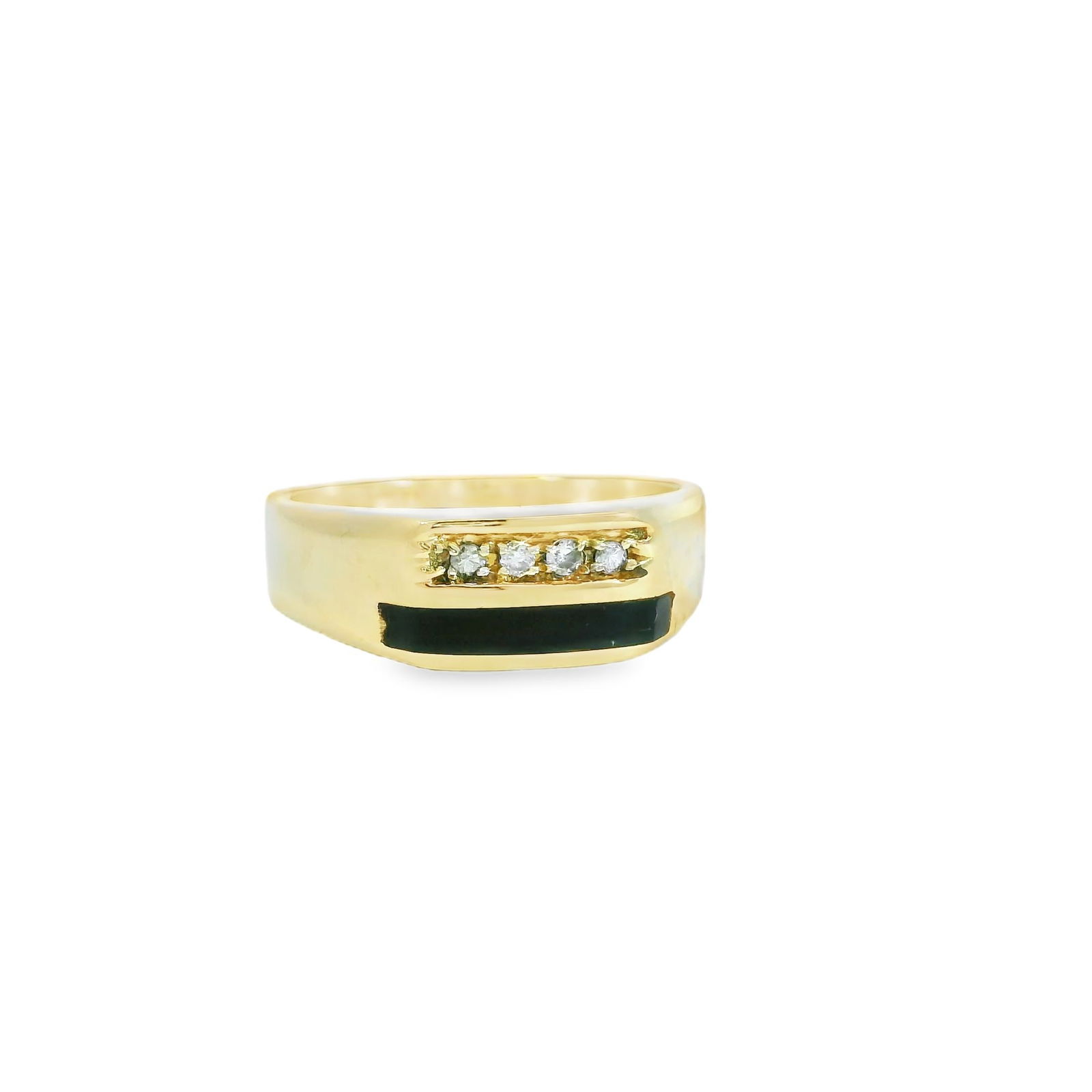 Onyx & Diamond Ring 14Kt.: 14Kt Yellow Gold Onyx & Diamond Ring. Ring has Black Onyx & 4 round Diamonds. Ring has 9.00. Total weight: 6.90 Grams.