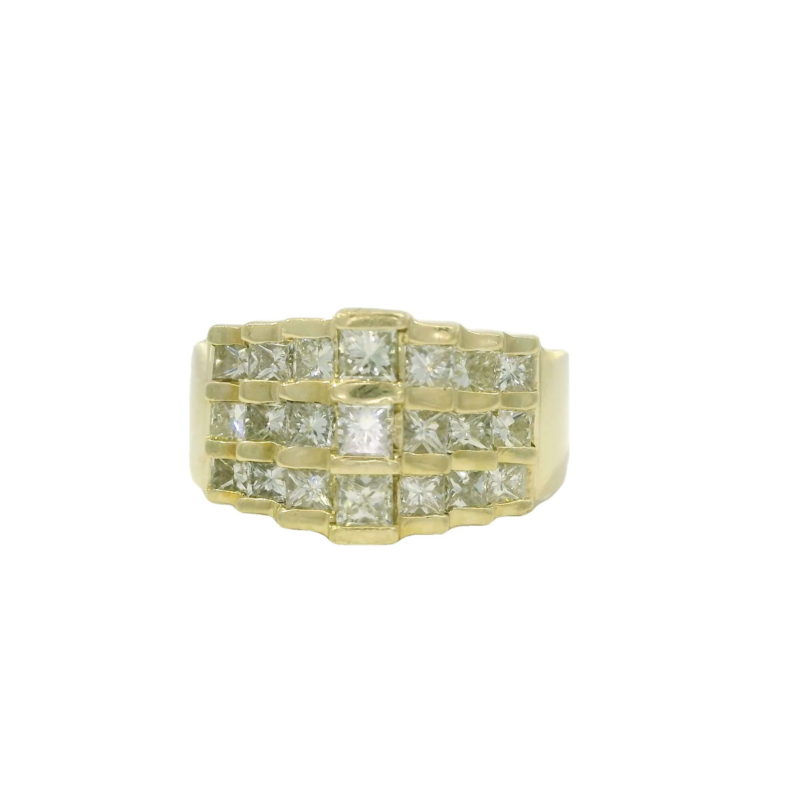 Princess Diamond Ring 14Kt.: 14Kt Yellow Gold Princess Diamond Ring. This exquisite gold ring features a series of 21 princess cuff diamonds set in a sleek, modern design. Perfect for any special occasion or as an everyday