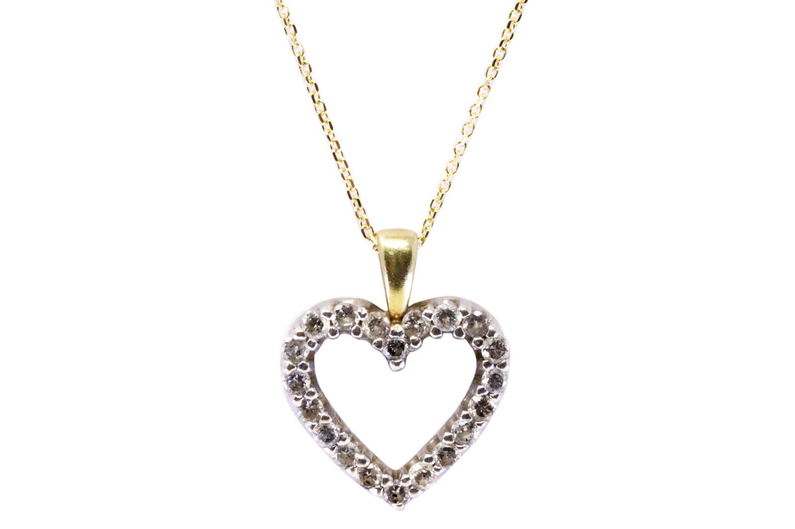 Diamond Heart Pendant 14Kt.: Ladies 14Kt White Gold Diamond Heart pendant. Pendant has 20 round Diamonds with a 14k Yellow Necklace. Diamonds weight: 0.50cttw. Necklace length: 16.00" Total weight: 3.30 Grams.