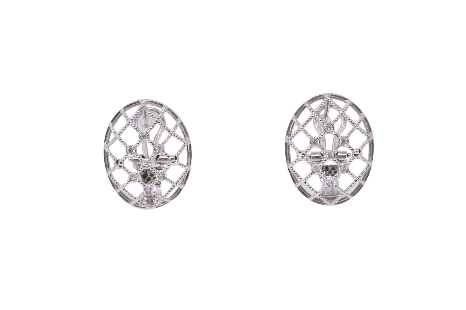 18Kt White Gold Diamond Earrings: A ladies 18KT White Gold Diamond earrings. This Modern Design Oval earrings has a total of 14 round diamonds. Length: 1.00in. Total weight: 8.20 grams. #AY-8FNGHD