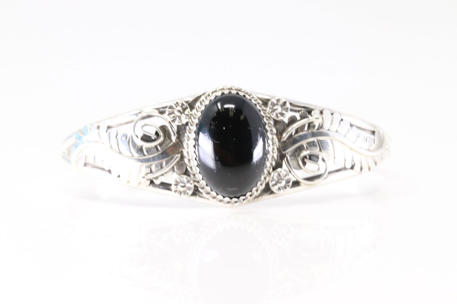 Native America Navajo Sterling Silver Black Onyx Bracelet Cuff By Y. (1 of 4)