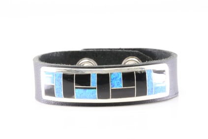 Native America Navajo Sterling Silver Blue Opal & Black Onyx Bracelet By Hato Hasi.