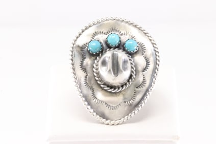 Native America Navajo Sterling Silver Turquoise Cowboy Hat Ring By Bobby Platero. From R.B Company.