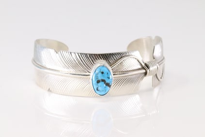 Native America Navajo Sterling Silver Turquoise Bracelet Cuff By Chris Charley.