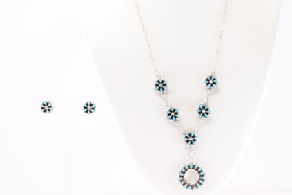 Native America Zuni Sterling Silver Turquoise Necklace / Earring's Set By Tricia Leekity.