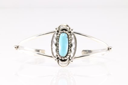 Native America Navajo Sterling Silver Turquoise Bracelet Cuff By Sadie Jim. From R.B Company.