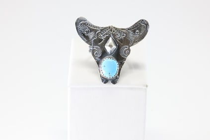 Native America Navajo Sterling Silver Turquoise Cow Ring By T.Yazzie.