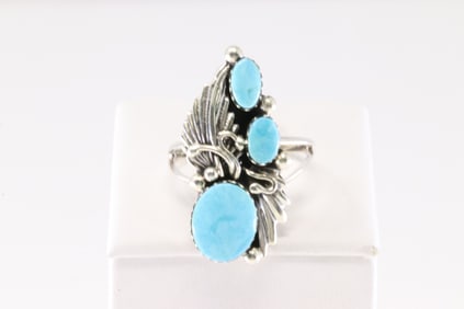 Native America Navajo Sterling Silver Turquoise Feather Ring By Sadie Jim. From R.B Company.