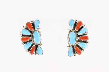 Native America Navajo Sterling Silver Coral & Turquoise Post Earring's By Alicia Wilson.