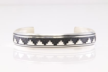 Native America Navajo Sterling Silver Stamped Bracelet Cuff By T/R Singer.
