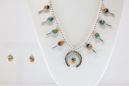 Native America Navajo Sterling Silver Multi-Color Stone Inlay Squash Blossom Necklace & Earring's