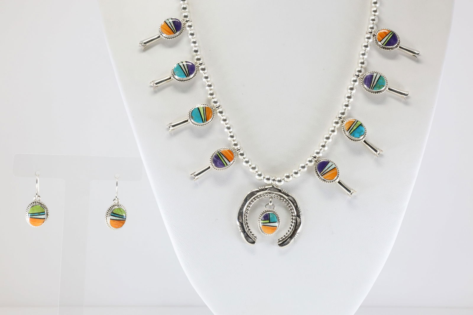 Native America Navajo Sterling Silver Multi-Color Stone Inlay Squash Blossom Necklace & Earring's (1 of 6)