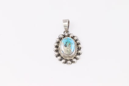 Native America Navajo Sterling Silver Kingman Turquoise Pendant By Scott Skeets.