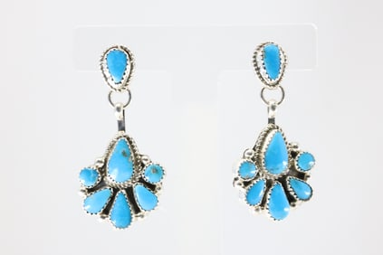Native America Zuni Sterling Silver Kingman Turquoise Post Dangling Earring's By Alicia Wilson.