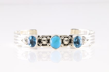 Native America Navajo Sterling Silver Blue Topaz & Turquoise Bracelet Cuff By Gilbert Smith.