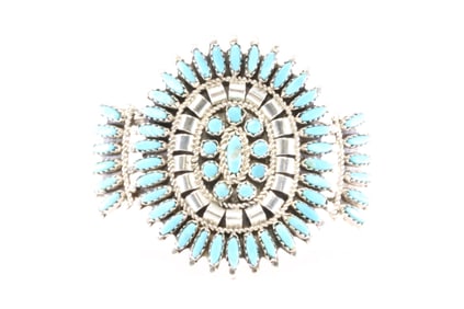 Native America Zuni Sterling Silver Turquoise Needlepoint Bracelet Cuff By V&R Nez.