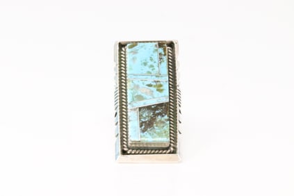 Native America Navajo Sterling Silver Turquoise Inlay Ring By BE.