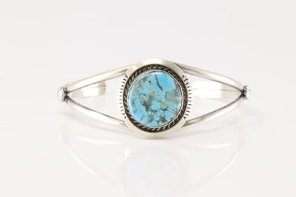 Native America Navajo Sterling Silver Kingman Turquoise Bracelet Cuff By A.M.