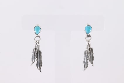 America Sterling Silver Turquoise Feather Post / Dangling Earring's.