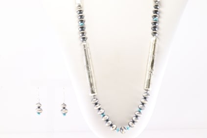 America Sterling Silver Turquoise / Pearl Beaded Necklace & Earring's Set.