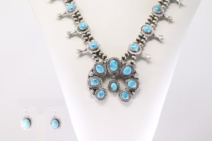 Native America Navajo Sterling Silver Turquoise Squash Blossom Necklace & Earring's Set By Thomas