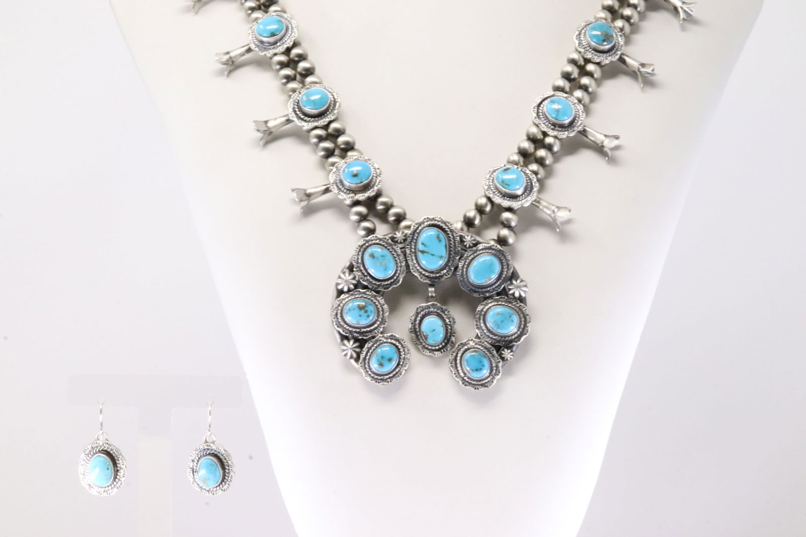Native America Navajo Sterling Silver Turquoise Squash Blossom Necklace & Earring's Set By Thomas (1 of 9)