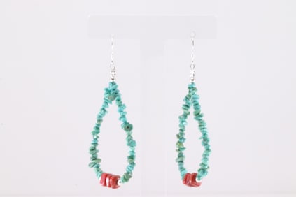 Native America Sterling Silver Turquoise & Coral Dangling Earring's.