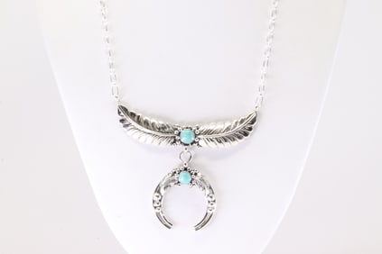 Native America Navajo Sterling Silver Turquoise Necklace Leaf & Naja By Loretta Delgarito.