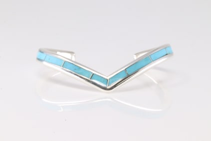 Native America Zuni Sterling Silver Turquoise Inlay Bracelet Cuff By Loretto.