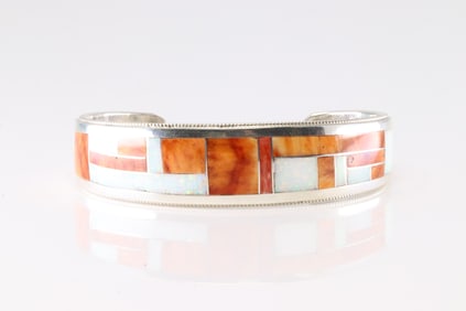 Native America Zuni Sterling Silver Opal & Spiny Oyster Inlay Bracelet Cuff By Glendora Booqua.