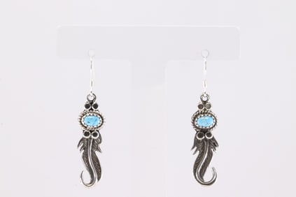 America Sterling Silver Turquoise Feather Dangling Earring's.