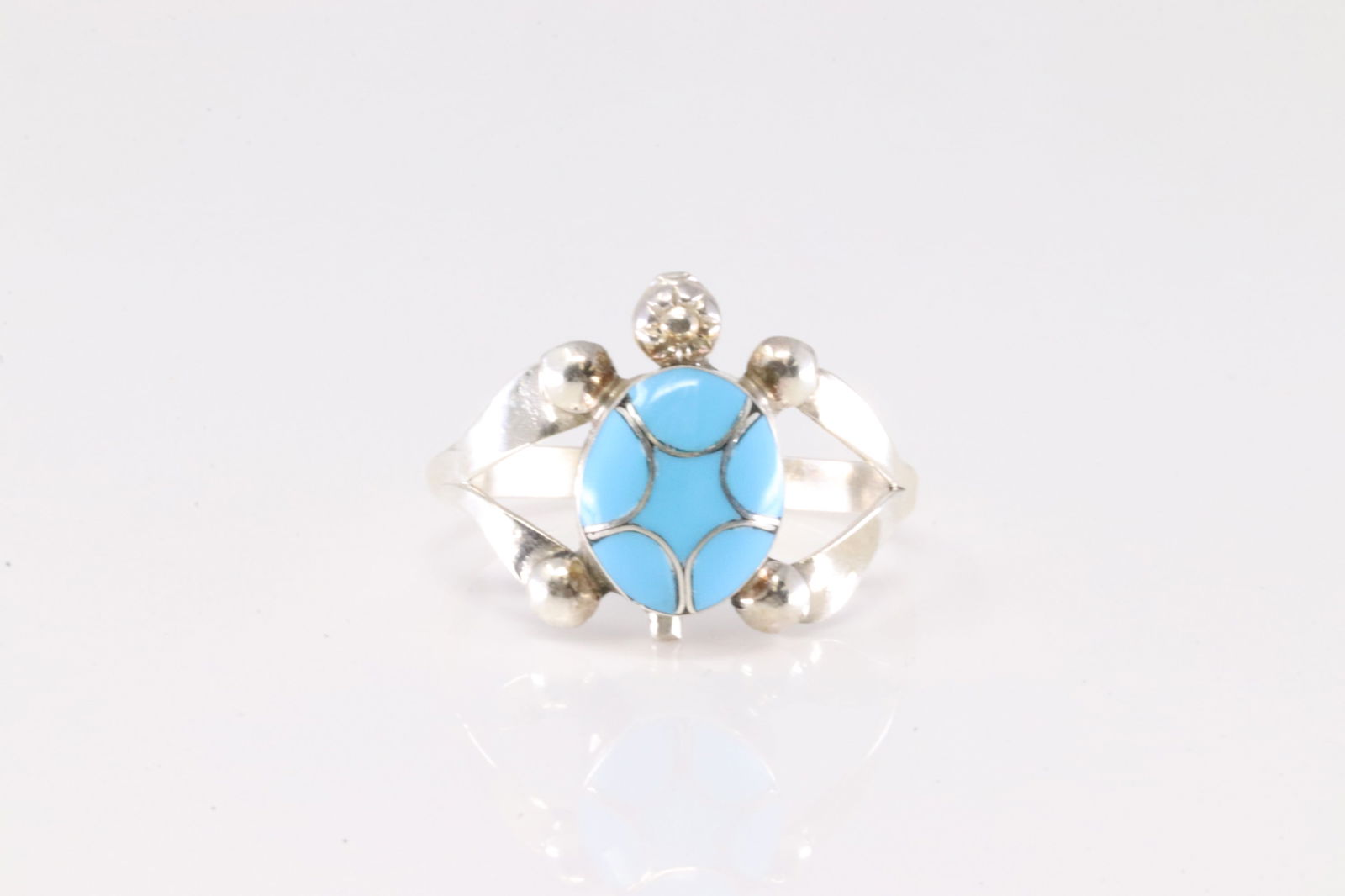 America Sterling Silver Turquoise Inlay Turtle Ring. (1 of 3)