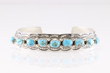 Native America Navajo Sterling Silver Turquoise Bracelet Cuff By Grace Silver.